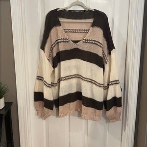 SHEIN Women's V-Neck Sweater - Brown, Cream, and Tan